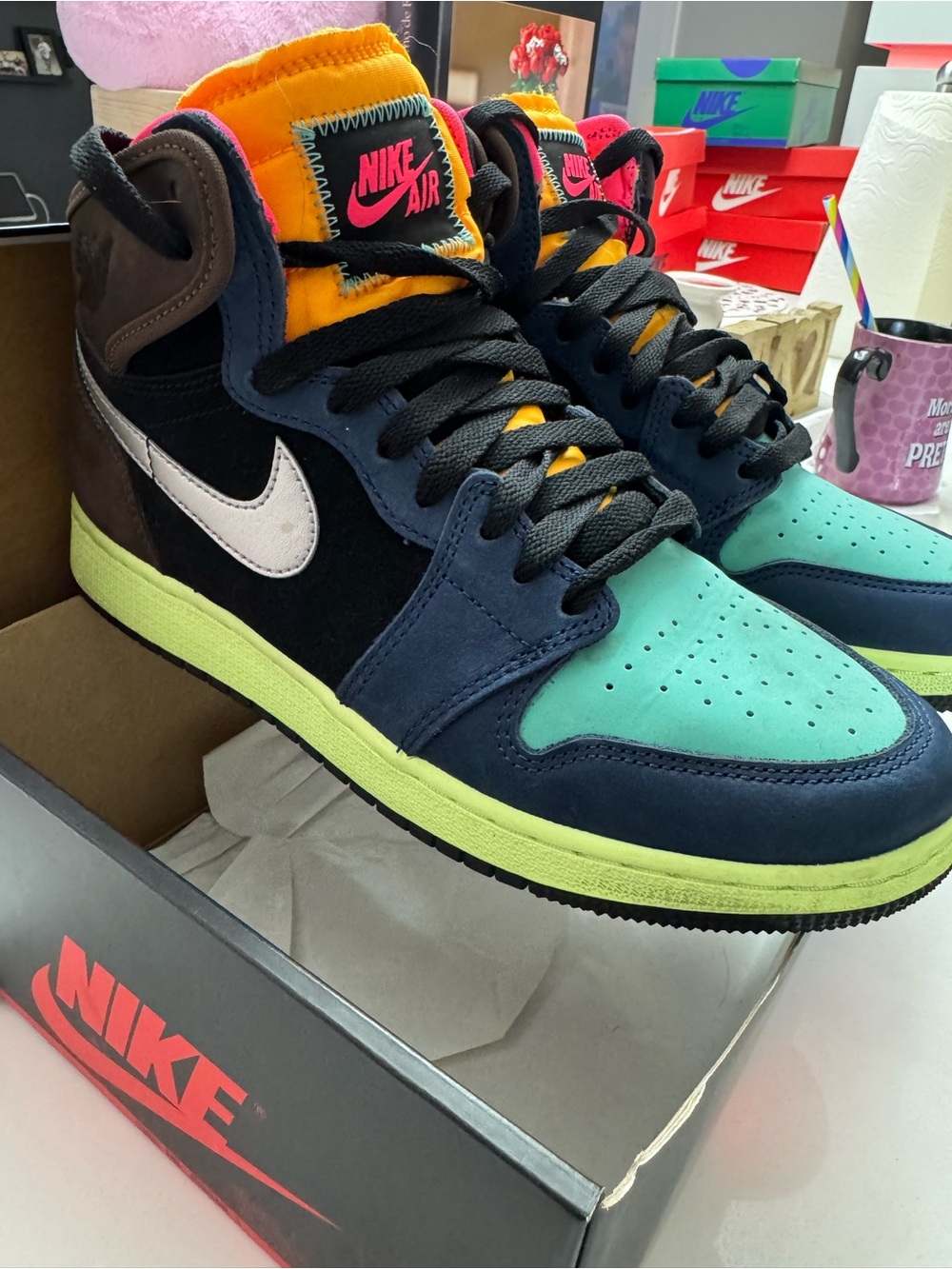 Nike Air Jordan 1 Mid in Black, Blue & Neon Green